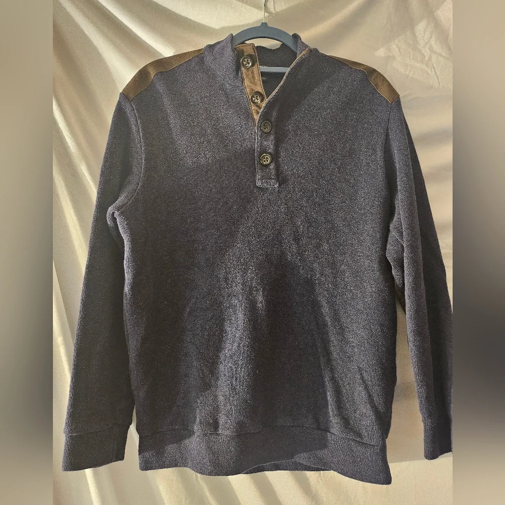 Cremieux Men's Blue 1/4 Button Mock Neck shoulder Patch Pullover Sweater M